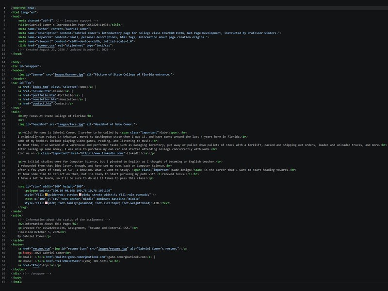 HTML source code for Gabe Comer's home page.