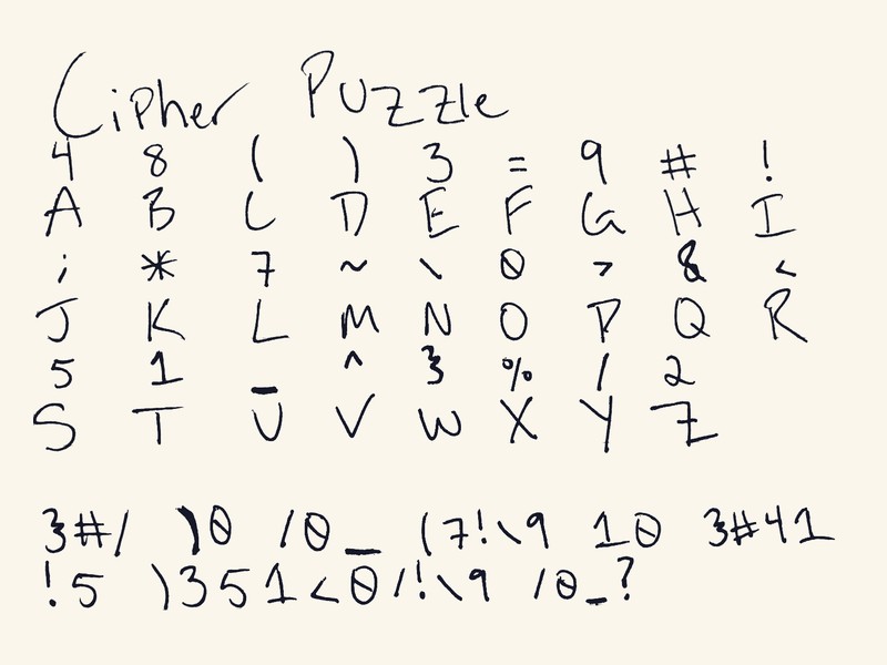 Hand-drawn substitution cipher key and encoded message by Gabe Comer.