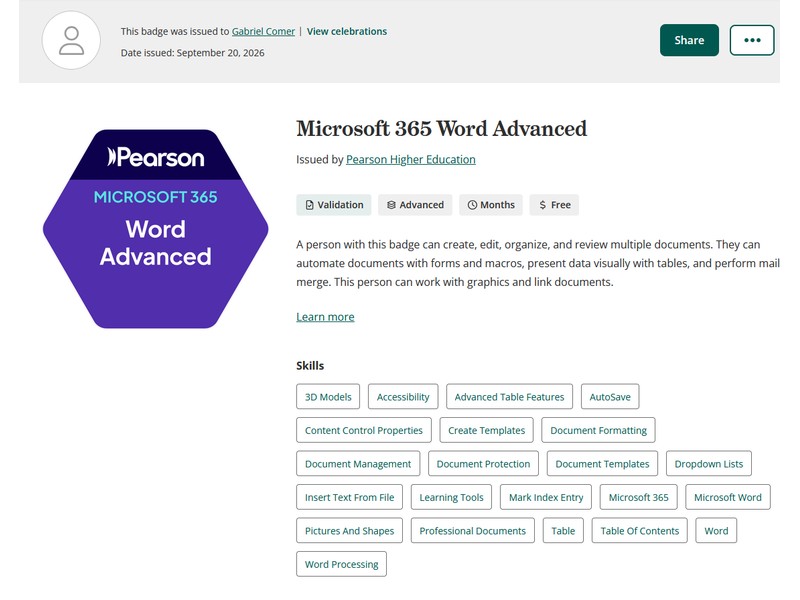 Microsoft 365 Word Advanced badge issued to Gabriel Comer by Pearson.